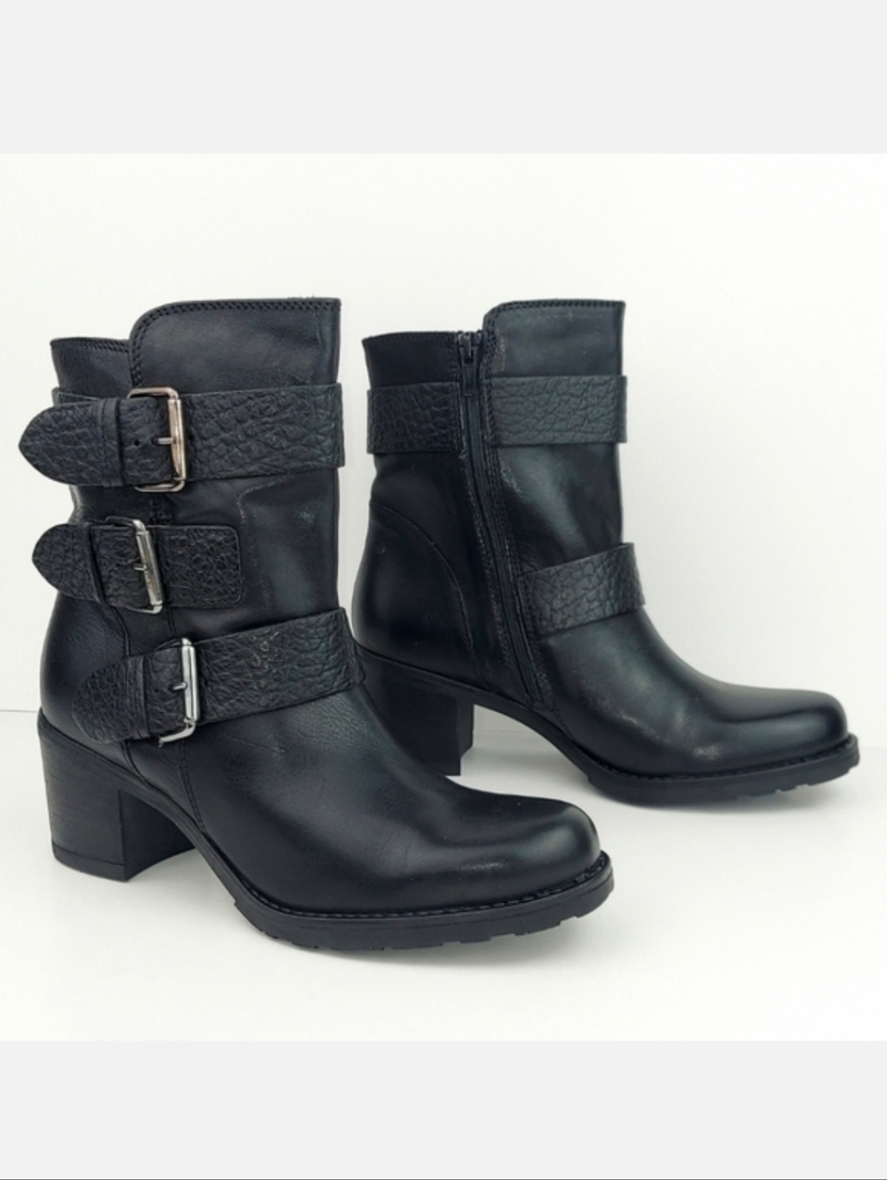 Clarks New Black Leather Moto Buckle Boots 7.5